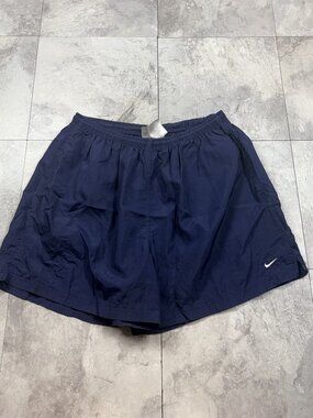 Vintage Nike Gray Tag Nylon Shorts Men's S Navy Blue Mini Swoosh Y2K